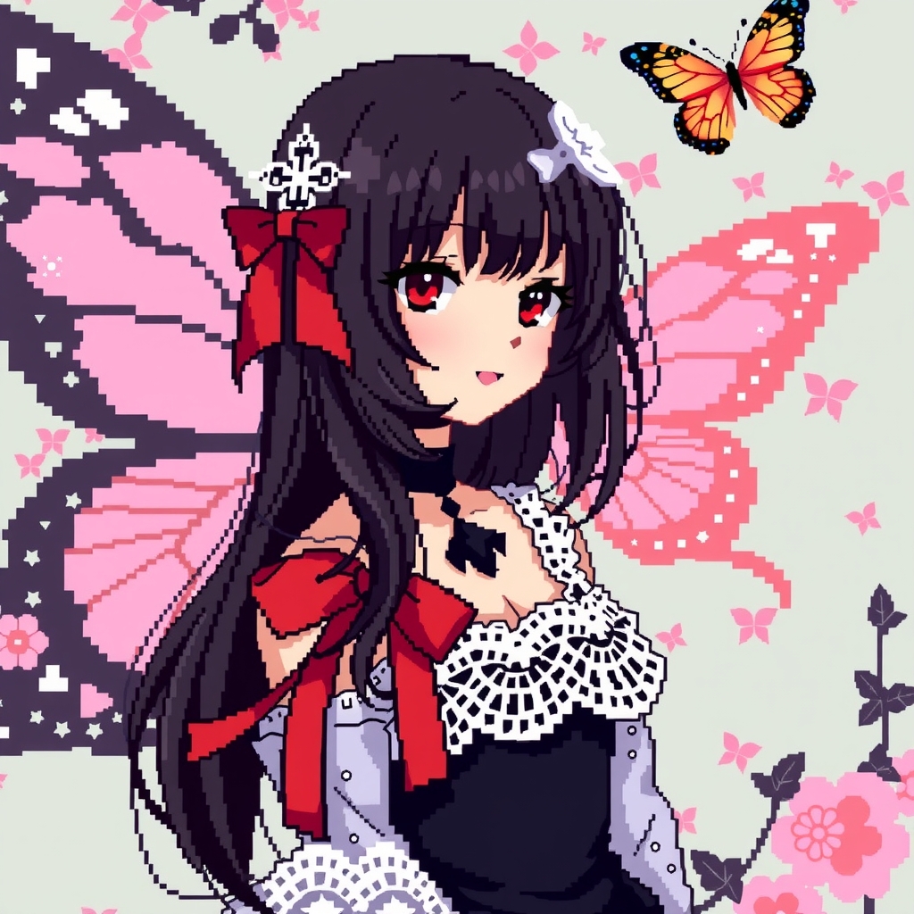 pixel anime black haired girl avatar background butterfly red ribbon pixel lace clothing by मुफ्त एआई छवि जनरेटर - बिना लॉगिन के✨ | AIGAZOU