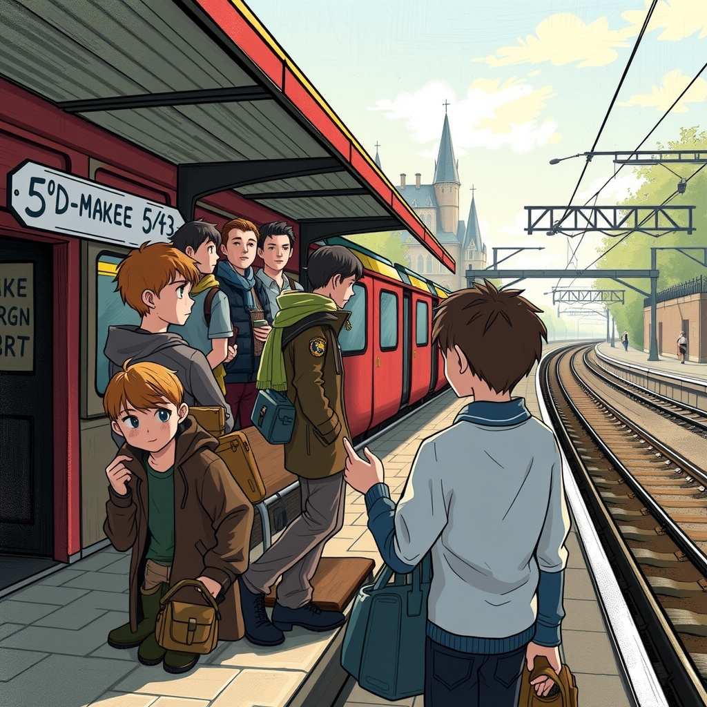 boys waiting for train some standing others sitting on bench at platform 5 3 4 picturesque harry potter style italian by मुफ्त एआई छवि जनरेटर - बिना लॉगिन के✨ | AIGAZOU