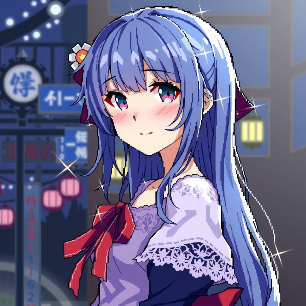 pixel anime girl blue long hair red ribbon lace dress japanese night background by मुफ्त एआई छवि जनरेटर - बिना लॉगिन के✨ | AIGAZOU