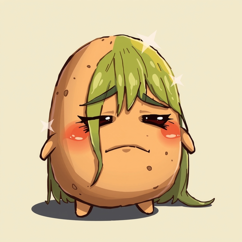 a disappointed anthropomorphic potato with long green hair by मुफ्त एआई छवि जनरेटर - बिना लॉगिन के✨ | AIGAZOU