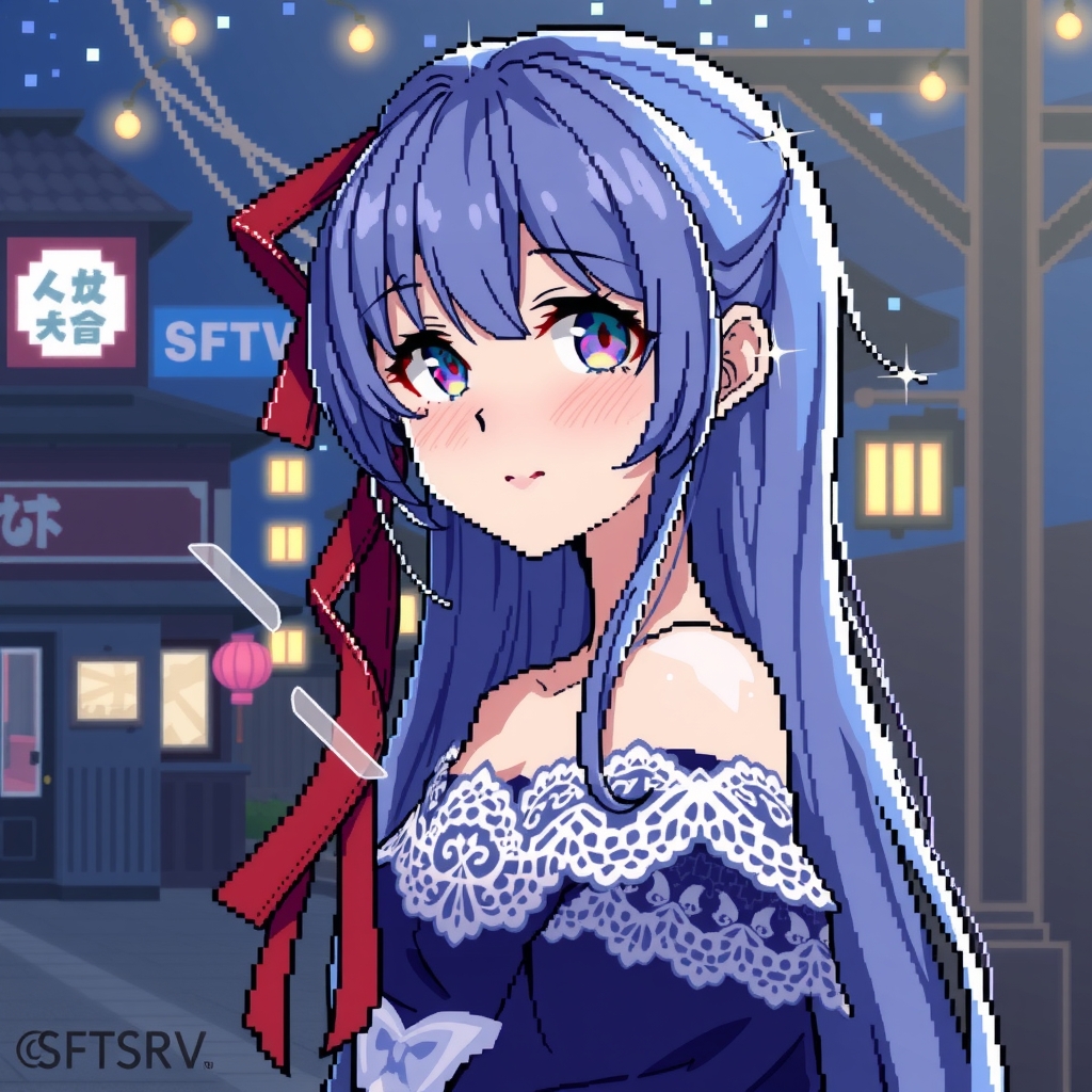 pixel anime girl blue long hair red ribbon lace dress japanese night background by मुफ्त एआई छवि जनरेटर - बिना लॉगिन के✨ | AIGAZOU