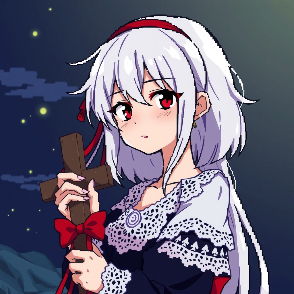 pixel anime girl long white hair red ribbon lace dress night background holding cross nervous by Générateur d'images par IA gratuit - Aucune connexion nécessaire✨ | AIGAZOU