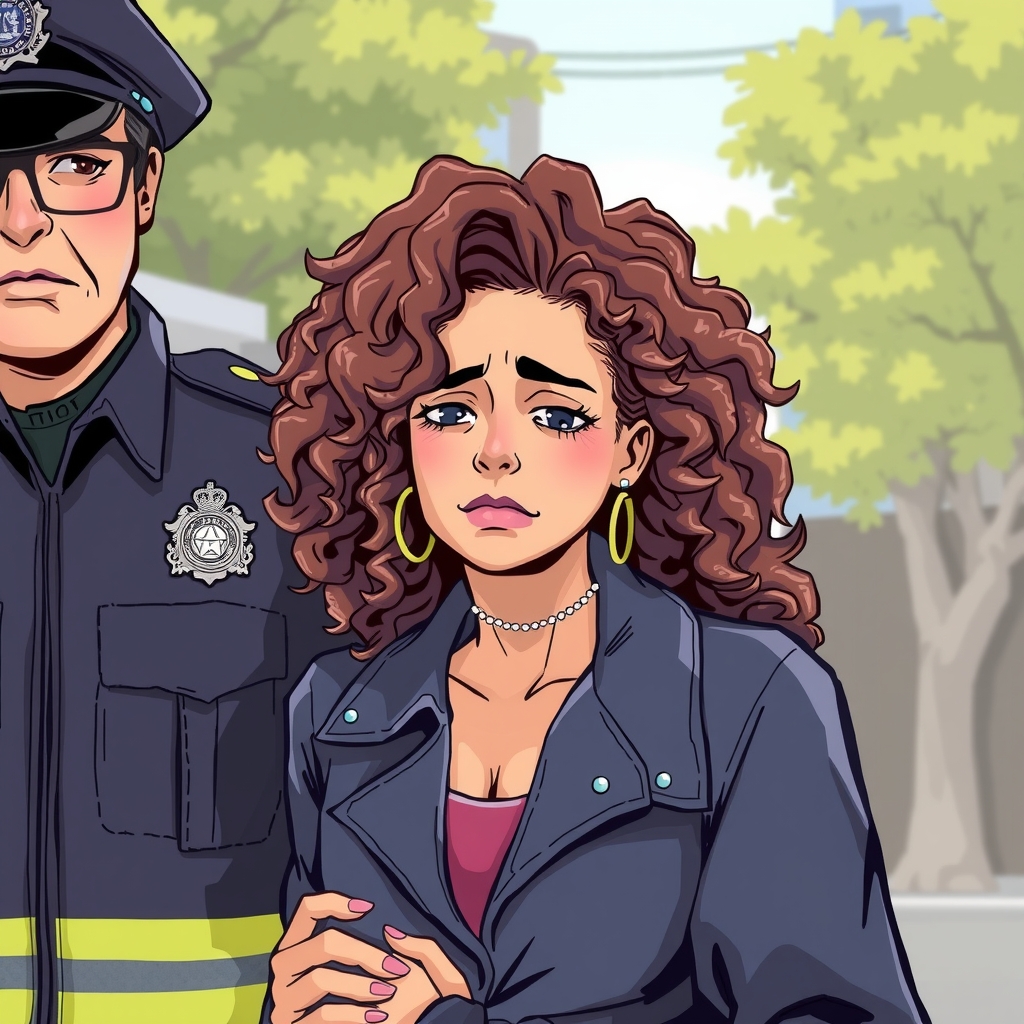 a sad woman with curly hair is escorted by police by Générateur d'images par IA gratuit - Aucune connexion nécessaire✨ | AIGAZOU