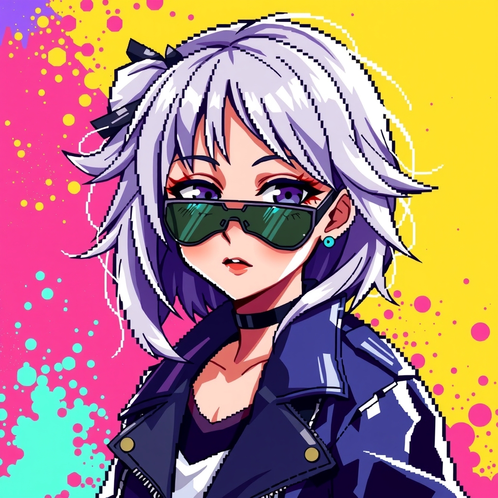 pixel anime girl silver hair sunglasses cool jacket colorful background by मुफ्त एआई छवि जनरेटर - बिना लॉगिन के✨ | AIGAZOU