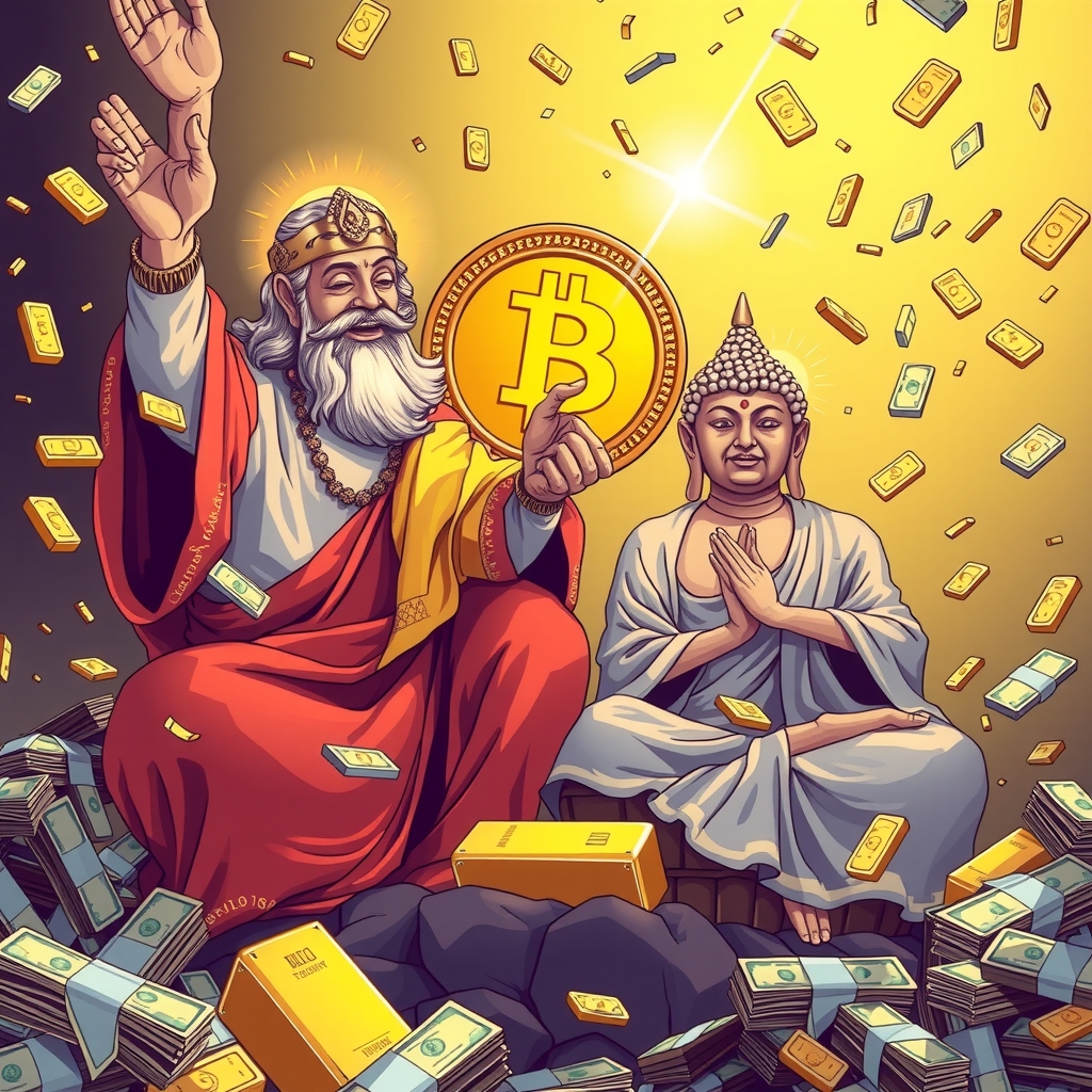 bitcoin rise surrounded by cash and gold buddha and christ by मुफ्त एआई छवि जनरेटर - बिना लॉगिन के✨ | AIGAZOU