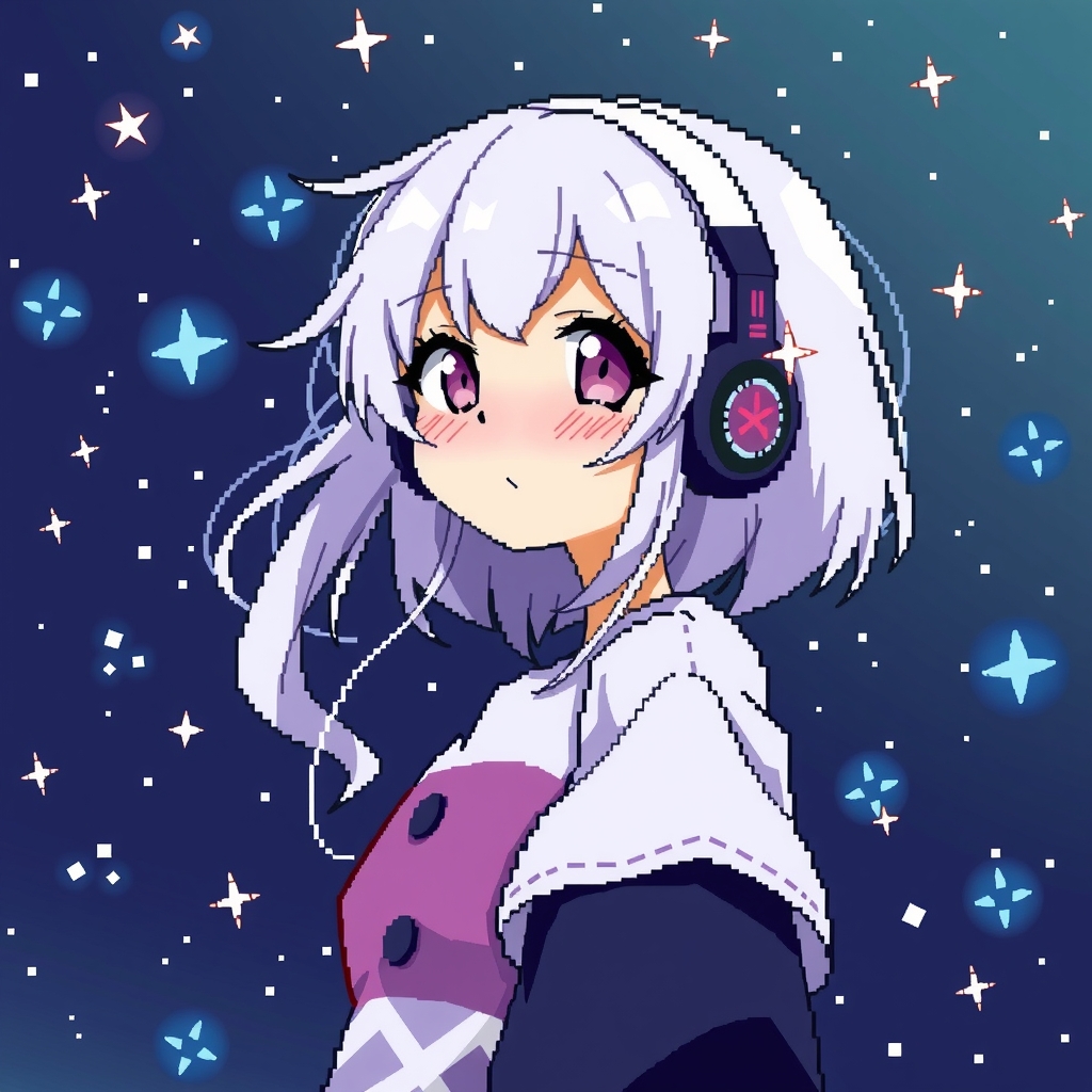 pixel style anime girl with white hair headphones cute clothes night background meteor pixels by मुफ्त एआई छवि जनरेटर - बिना लॉगिन के✨ | AIGAZOU