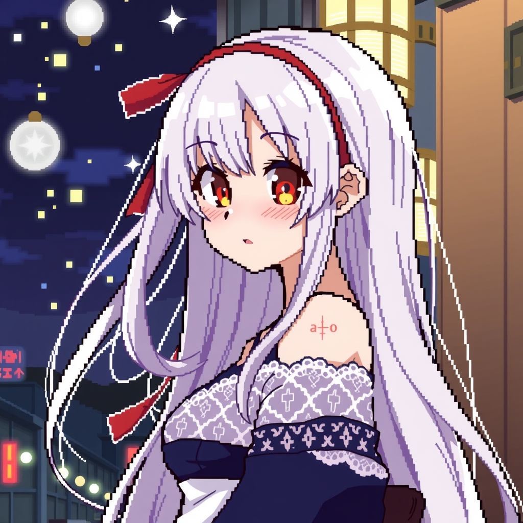 pixel anime girl long white hair red ribbon lace dress japanese night background by मुफ्त एआई छवि जनरेटर - बिना लॉगिन के✨ | AIGAZOU