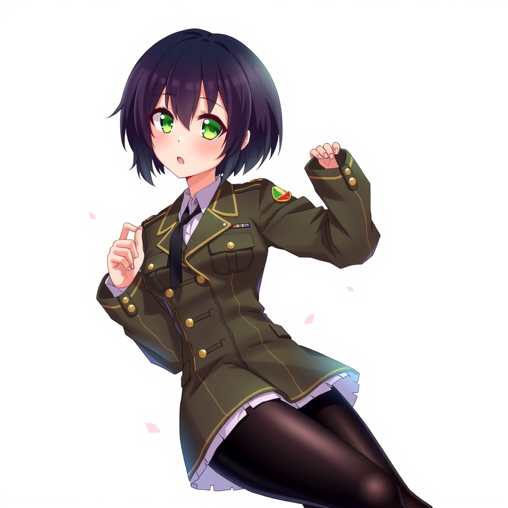 anime style black hair short military uniform girl green eyes full body shot black stockings large breasts by मुफ्त एआई छवि जनरेटर - बिना लॉगिन के✨ | AIGAZOU