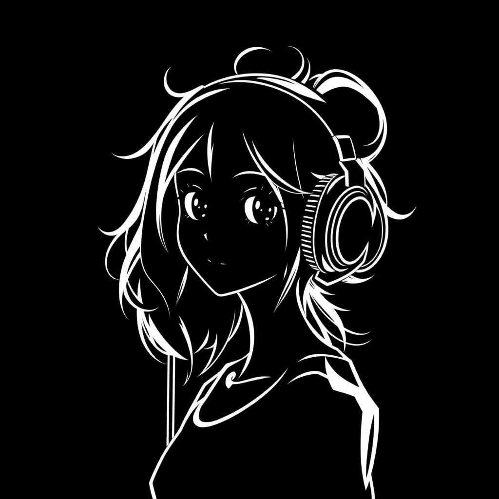 a woman wearing bulky headphones drawn adorably black background white figure by मुफ्त एआई छवि जनरेटर - बिना लॉगिन के✨ | AIGAZOU