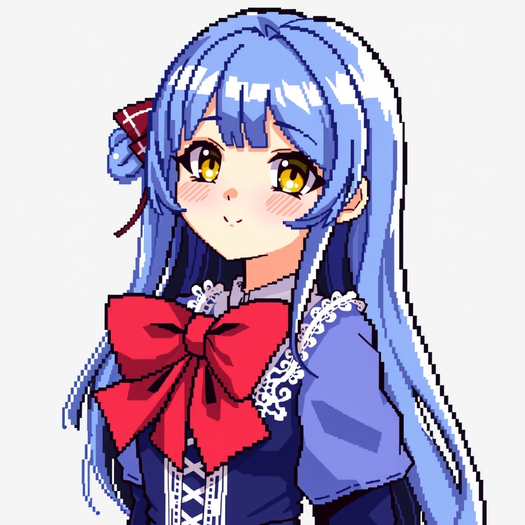 pixel anime blue long hair girl red bow lace dress by मुफ्त एआई छवि जनरेटर - बिना लॉगिन के✨ | AIGAZOU