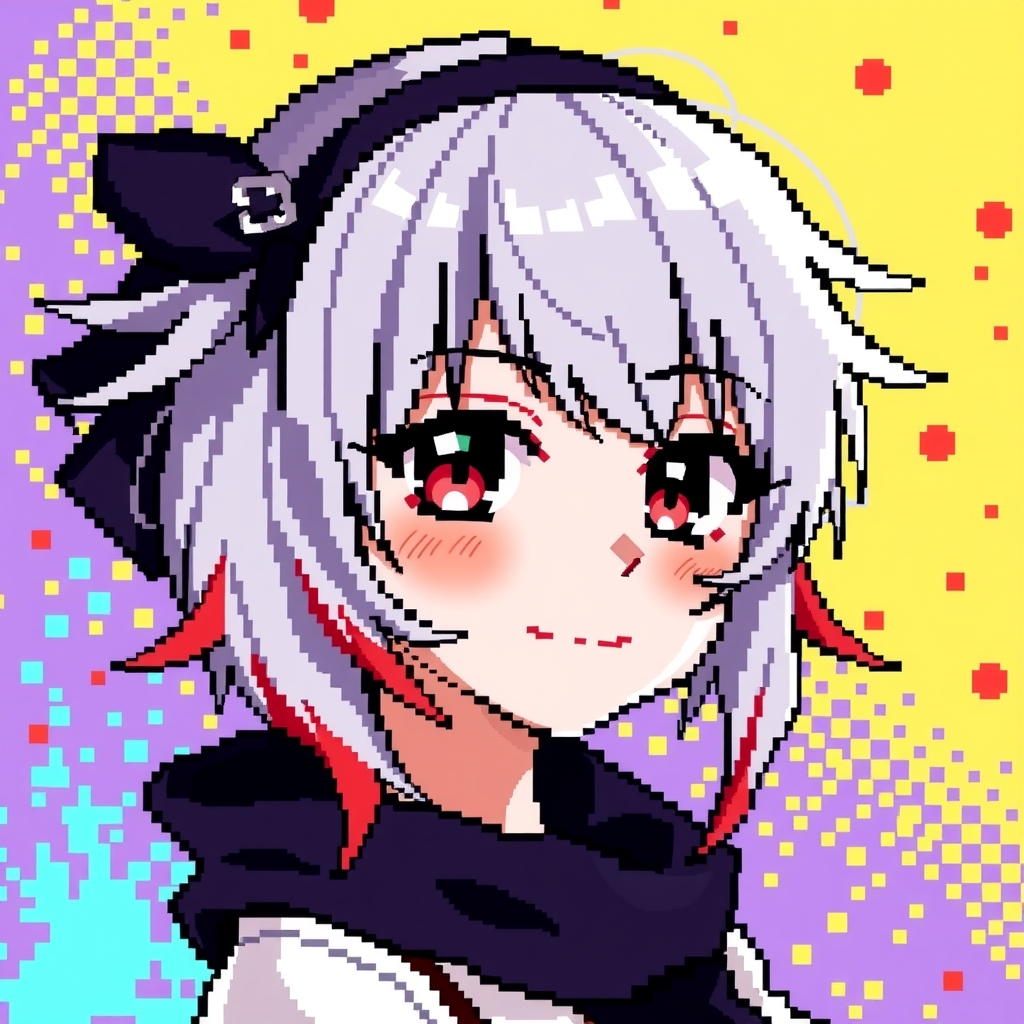 pixel anime girl silver hair red streaks black headband colorful background by मुफ्त एआई छवि जनरेटर - बिना लॉगिन के✨ | AIGAZOU