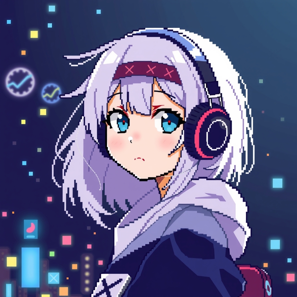 pixel style anime girl with white hair and headband wearing headphones against a night background by मुफ्त एआई छवि जनरेटर - बिना लॉगिन के✨ | AIGAZOU