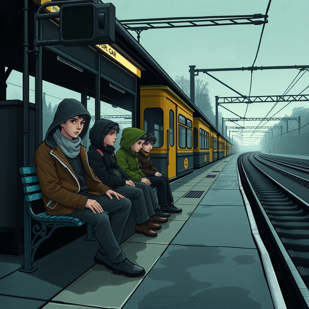 boys waiting for the train some sitting on the bench at platform 5 and 3 4 image terrifying by मुफ्त एआई छवि जनरेटर - बिना लॉगिन के✨ | AIGAZOU