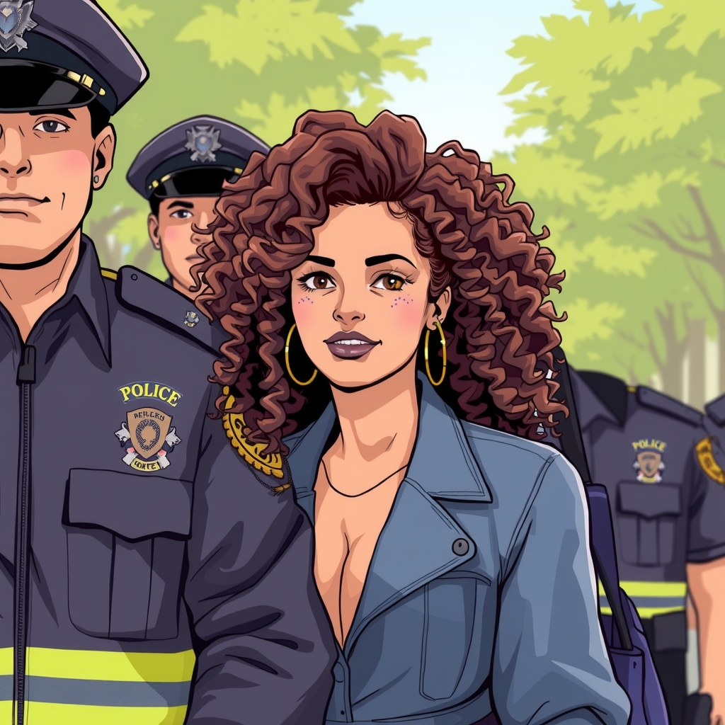 a woman with curly hair is escorted by police by मुफ्त एआई छवि जनरेटर - बिना लॉगिन के✨ | AIGAZOU