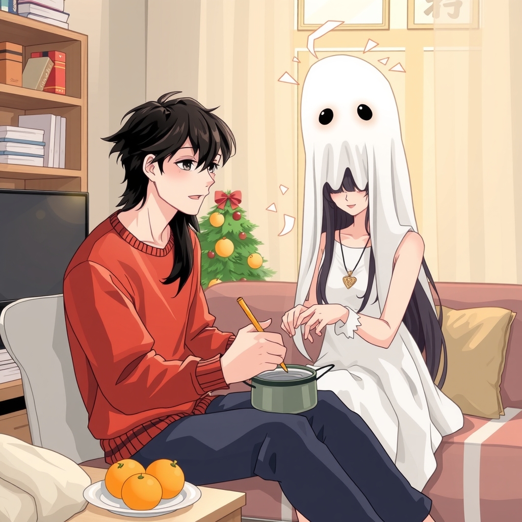 handsome college student and ghost girl celebrate christmas by Générateur d'images par IA gratuit - Aucune connexion nécessaire✨ | AIGAZOU