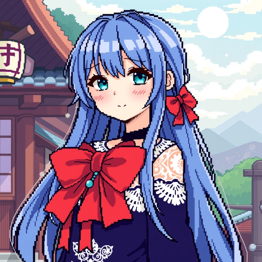 pixel anime girl blue long hair red bow lace japanese background by Générateur d'images par IA gratuit - Aucune connexion nécessaire✨ | AIGAZOU