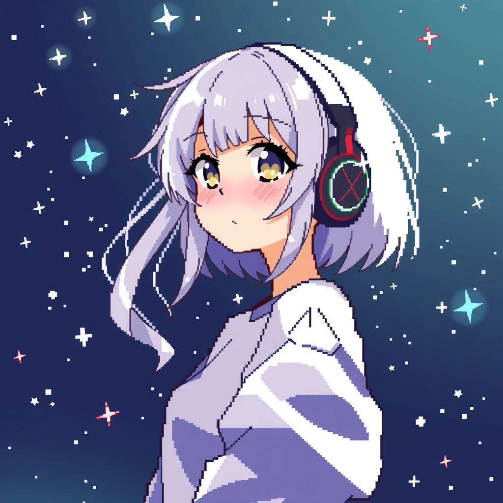 pixel style anime girl with white hair headphones gentle clothes night background meteor pixels by मुफ्त एआई छवि जनरेटर - बिना लॉगिन के✨ | AIGAZOU