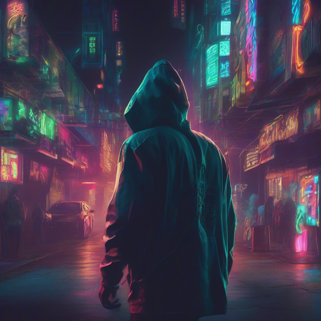 night crowd hooded man walking away neon lights by मुफ्त एआई छवि जनरेटर - बिना लॉगिन के✨ | AIGAZOU