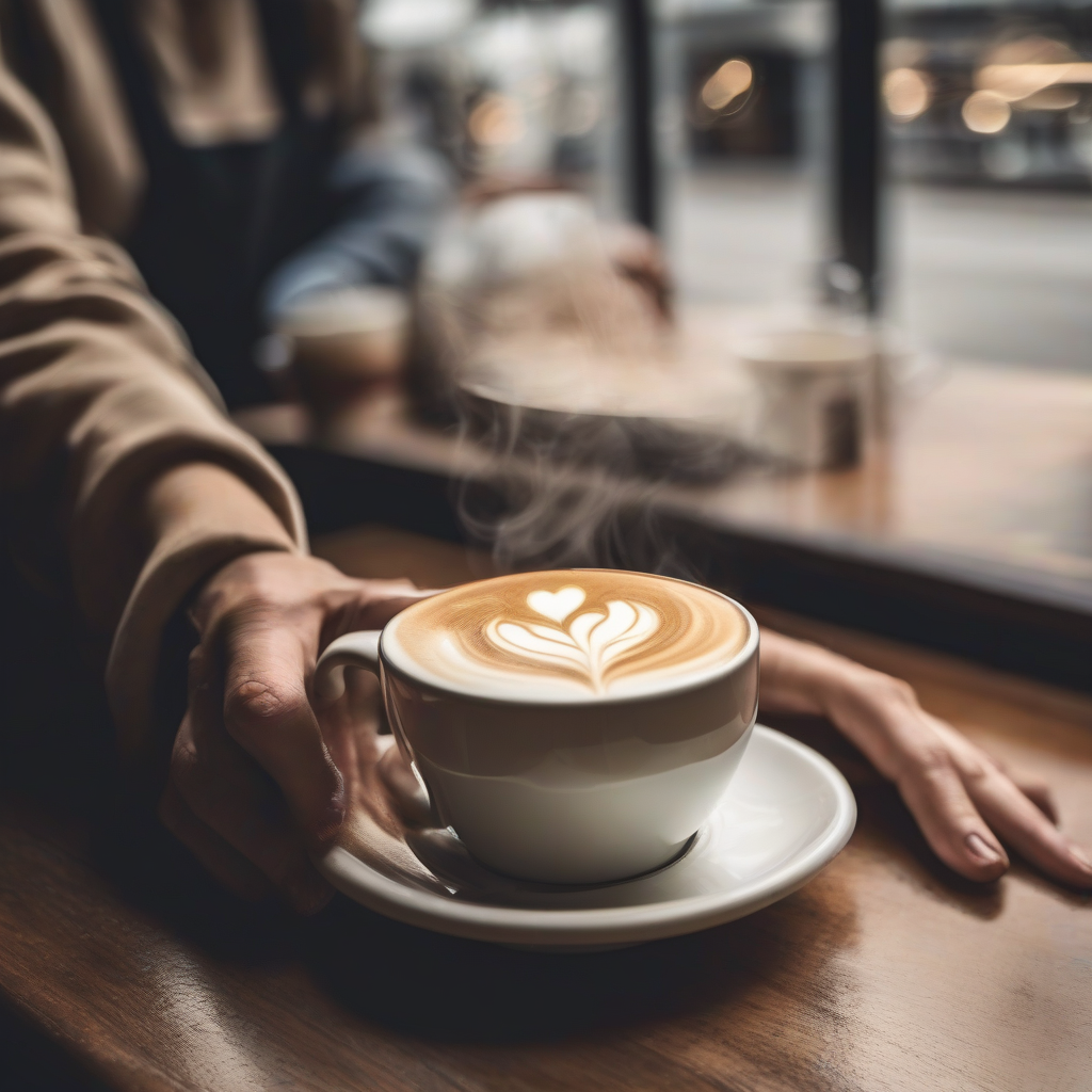 a hand passes a steaming latte in a dim cafe by मुफ्त एआई छवि जनरेटर - बिना लॉगिन के✨ | AIGAZOU