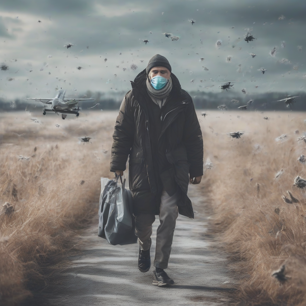 man with strong cold walking to escape flying viruses by मुफ्त एआई छवि जनरेटर - बिना लॉगिन के✨ | AIGAZOU