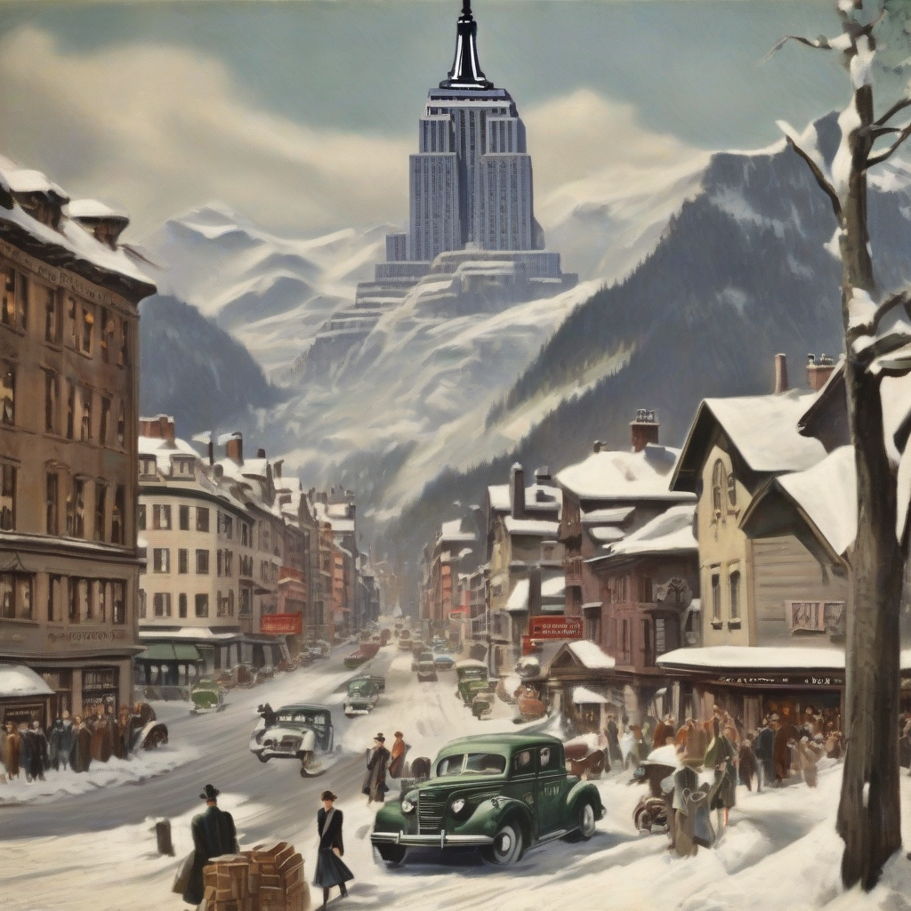 bergdorf in alpen with empire state building 1940 realistic by मुफ्त एआई छवि जनरेटर - बिना लॉगिन के✨ | AIGAZOU