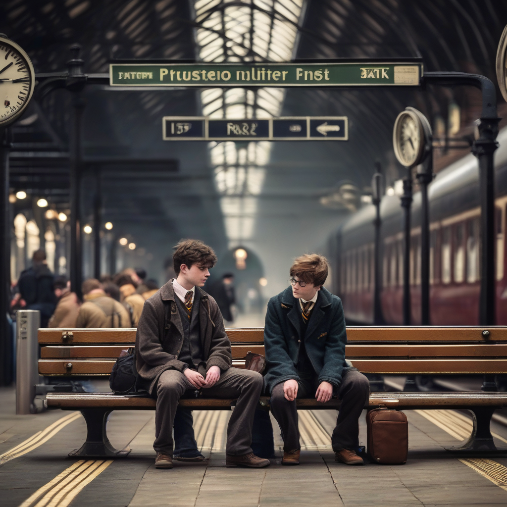 boys waiting for train on bench at platform 5 3 4 in harry potter style by Générateur d'images par IA gratuit - Aucune connexion nécessaire✨ | AIGAZOU