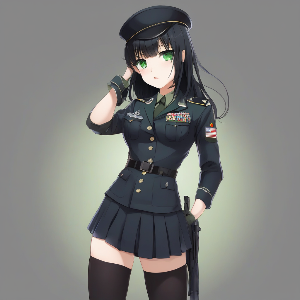 black hair short girl military uniform green eyes black stockings by मुफ्त एआई छवि जनरेटर - बिना लॉगिन के✨ | AIGAZOU