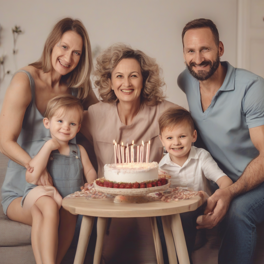 parents with a small boy and a larger girl celebrating their mamas birthday by मुफ्त एआई छवि जनरेटर - बिना लॉगिन के✨ | AIGAZOU