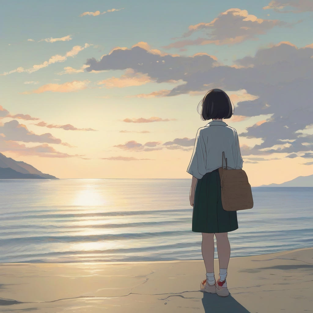 japanese girl with short hair looking at sea by मुफ्त एआई छवि जनरेटर - बिना लॉगिन के✨ | AIGAZOU