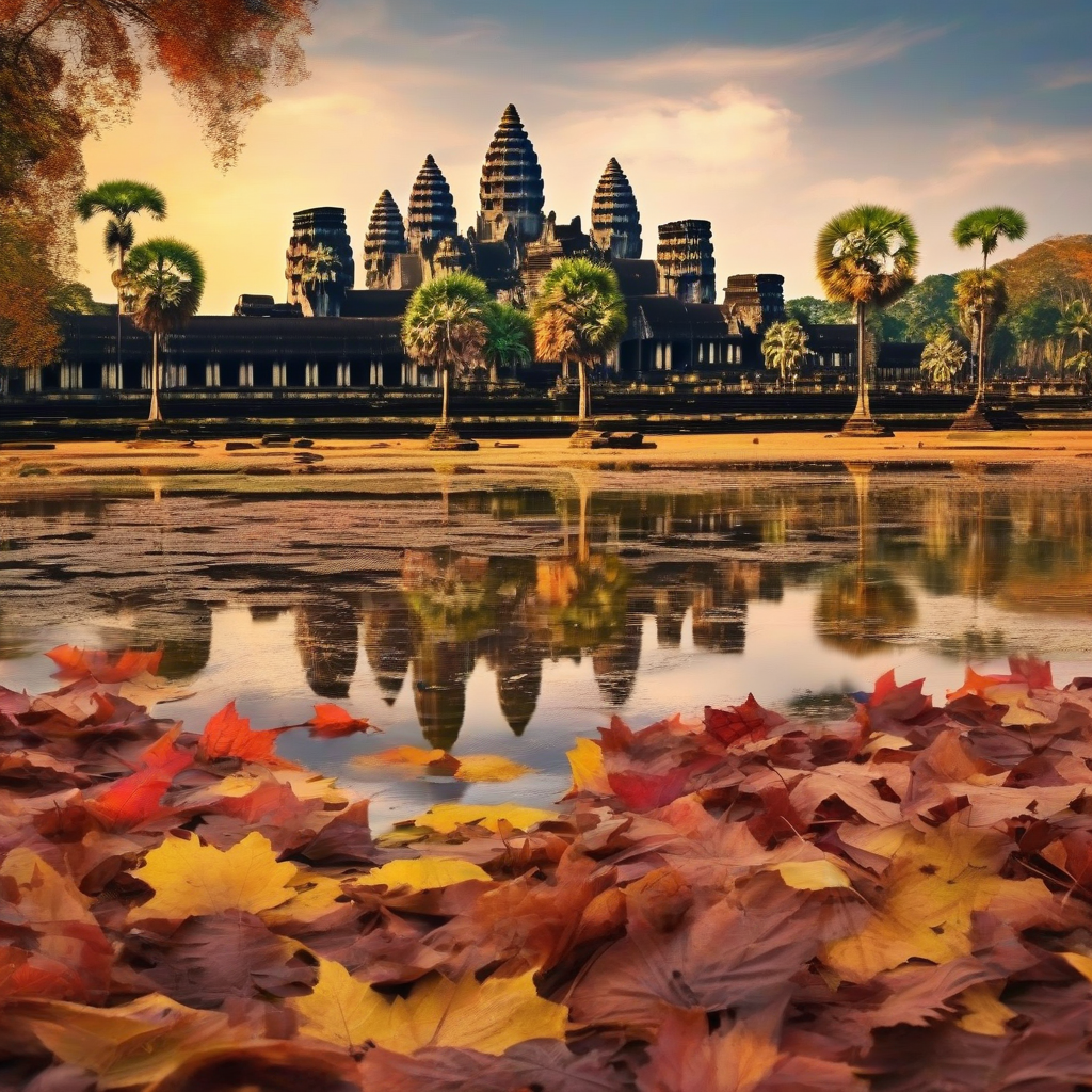 autumn scenery angkor wat surrounded beautiful colorful leaves by Générateur d'images par IA gratuit - Aucune connexion nécessaire✨ | AIGAZOU