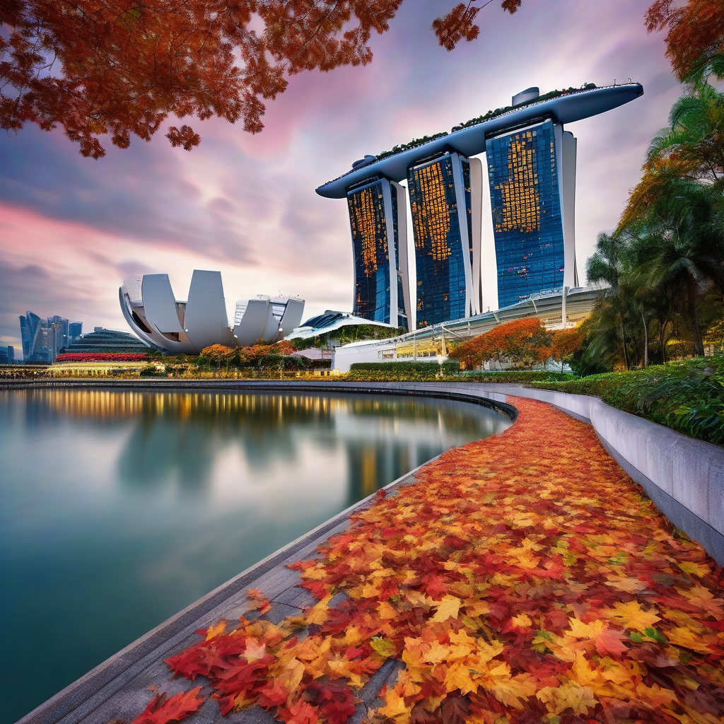 high definition image of beautiful scenery of singapore marina bay sands surrounded by stunning autumn leaves by मुफ्त एआई छवि जनरेटर - बिना लॉगिन के✨ | AIGAZOU