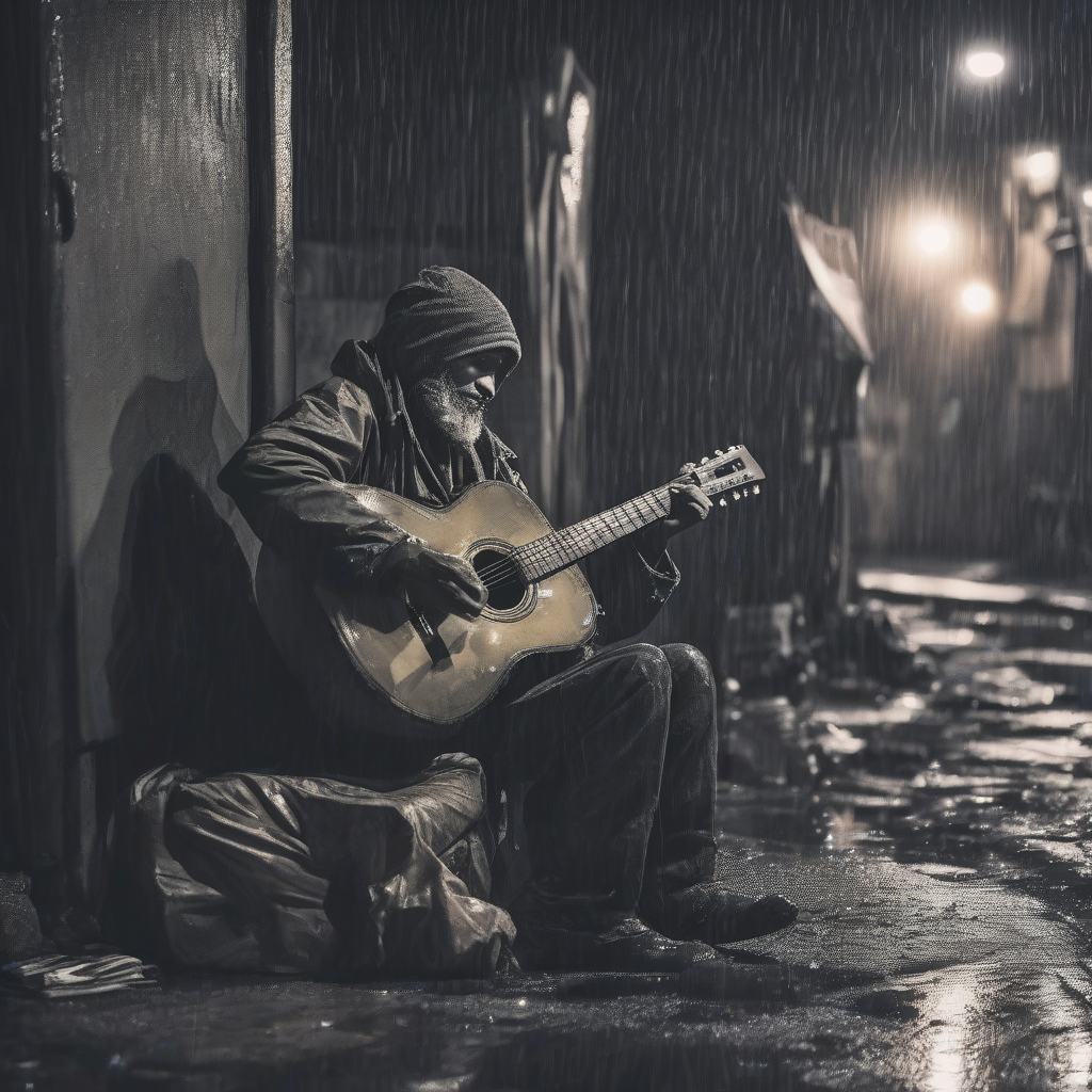 rainy night homeless man playing guitar in slum by मुफ्त एआई छवि जनरेटर - बिना लॉगिन के✨ | AIGAZOU