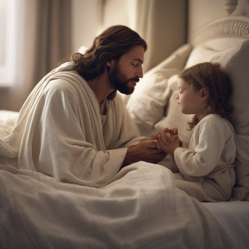 jesus prays with a child in bed before sleep by Générateur d'images par IA gratuit - Aucune connexion nécessaire✨ | AIGAZOU