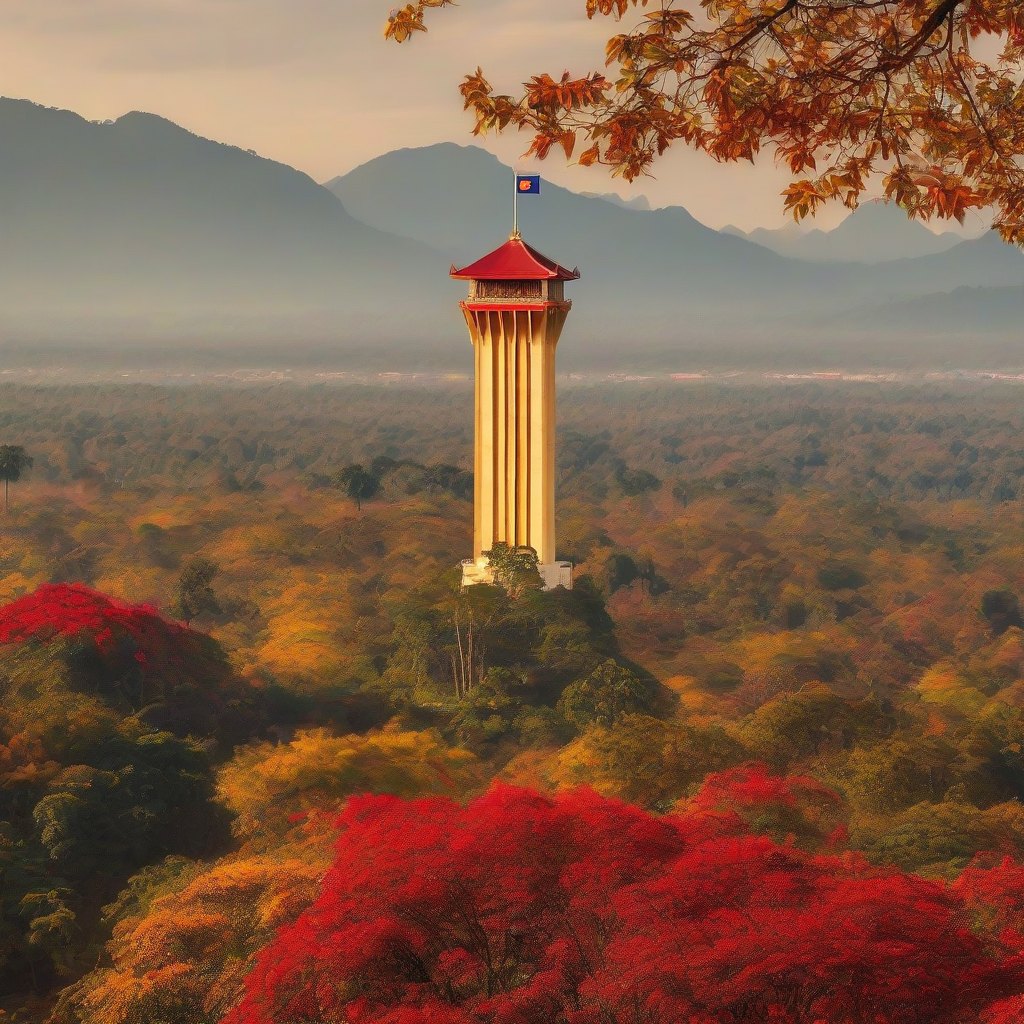 autumn scenery patusai independence tower laos national flag beautiful red yellow autumn leaves by मुफ्त एआई छवि जनरेटर - बिना लॉगिन के✨ | AIGAZOU