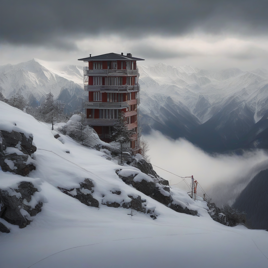 a narrow eight story house on a stormy snowy mountain by मुफ्त एआई छवि जनरेटर - बिना लॉगिन के✨ | AIGAZOU