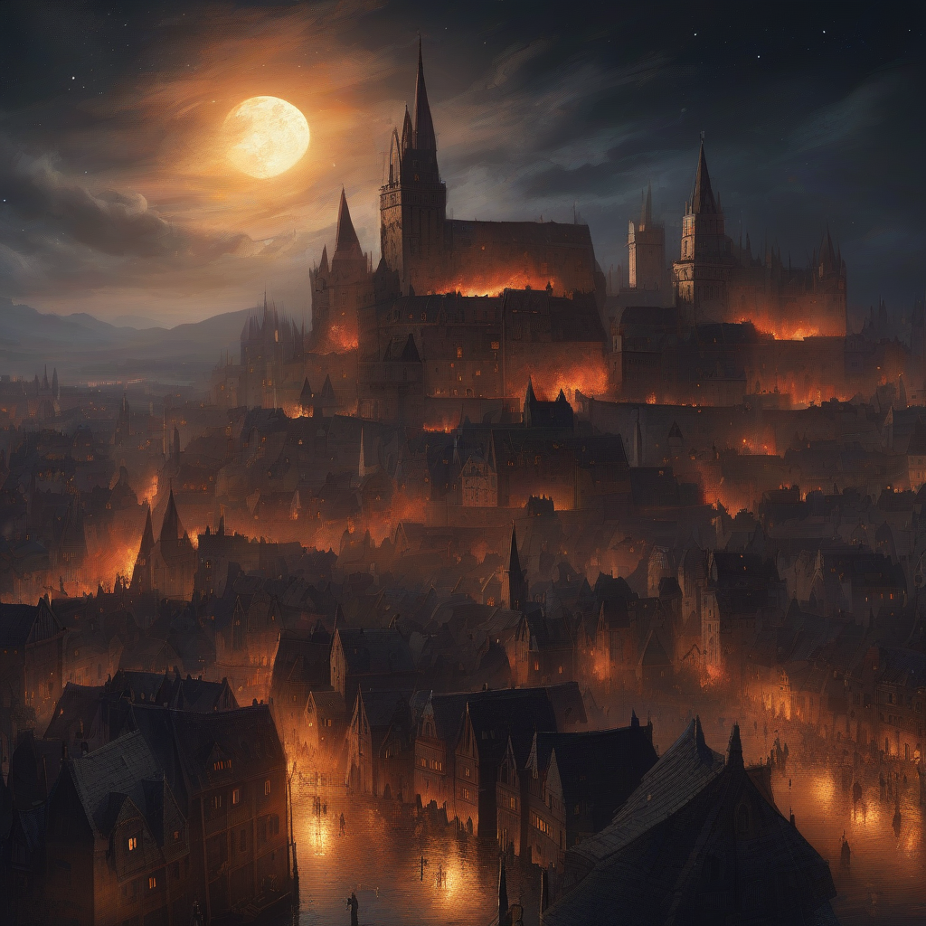 a burning medieval city on a dark starry night by मुफ्त एआई छवि जनरेटर - बिना लॉगिन के✨ | AIGAZOU