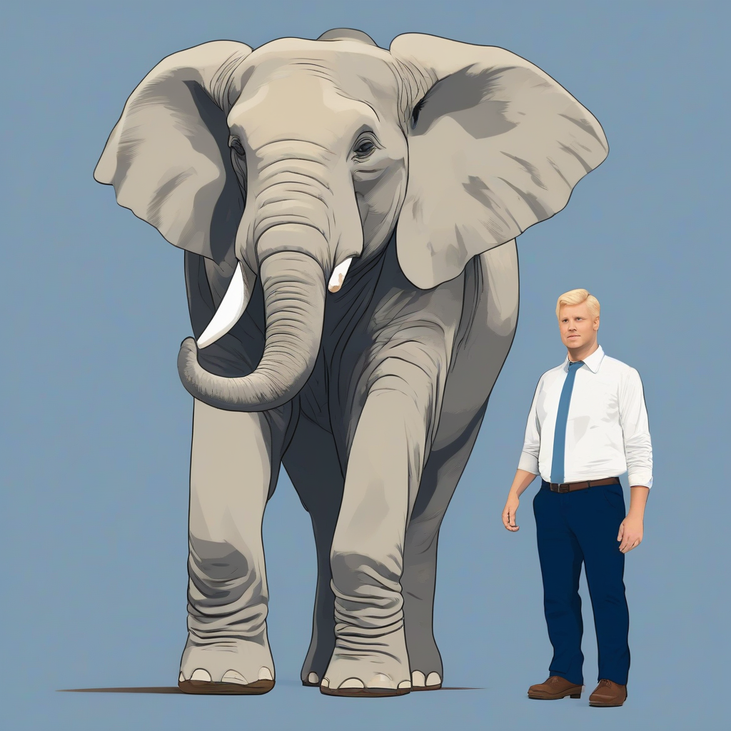 elephant stands next to white man in blue suit by मुफ्त एआई छवि जनरेटर - बिना लॉगिन के✨ | AIGAZOU