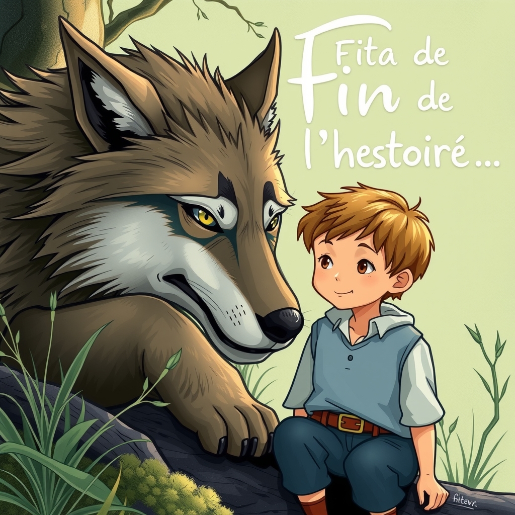 an image with a wolf and a little boy where it says the end in french by मुफ्त एआई छवि जनरेटर - बिना लॉगिन के✨ | AIGAZOU