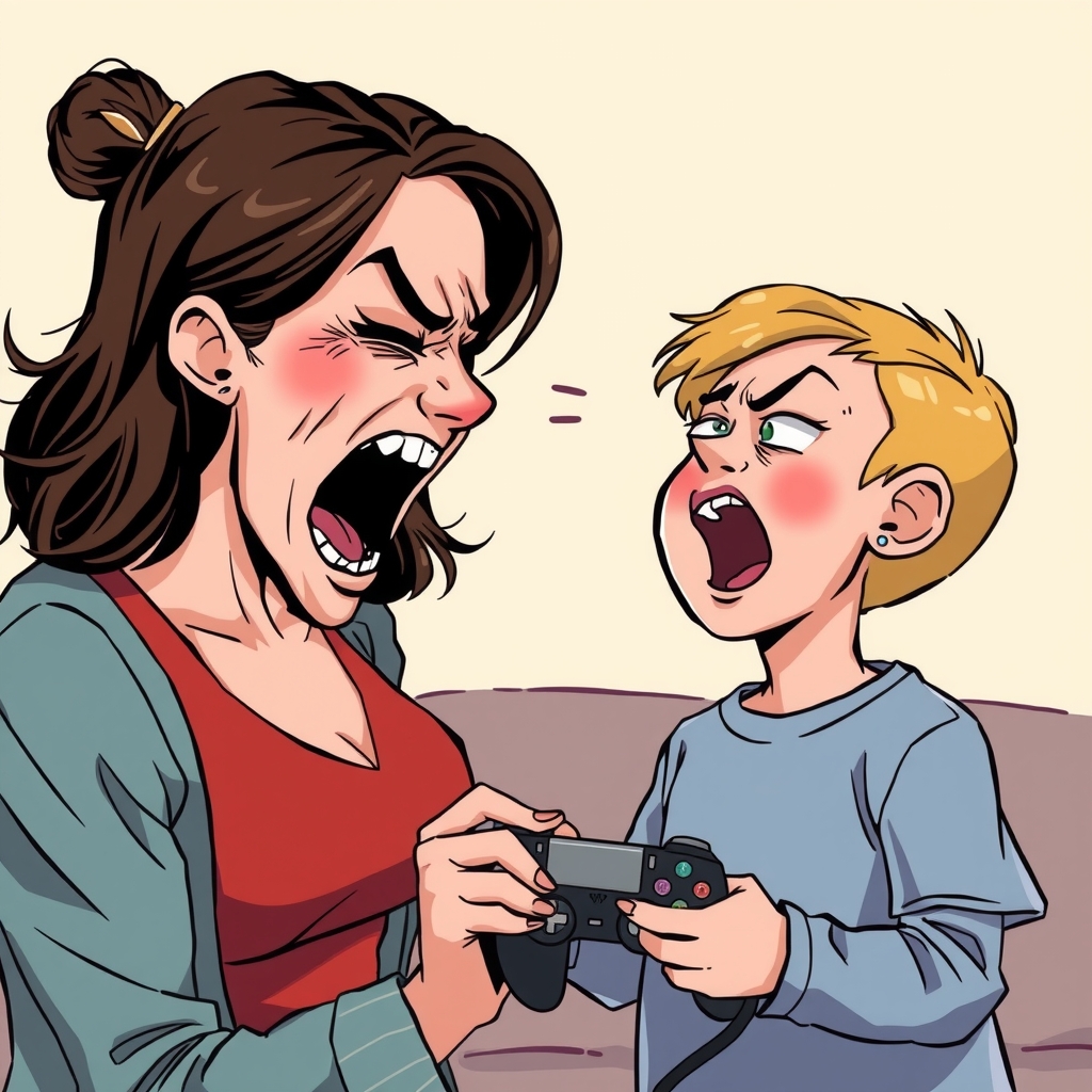 angry mom shouting child arguing holding game console by मुफ्त एआई छवि जनरेटर - बिना लॉगिन के✨ | AIGAZOU