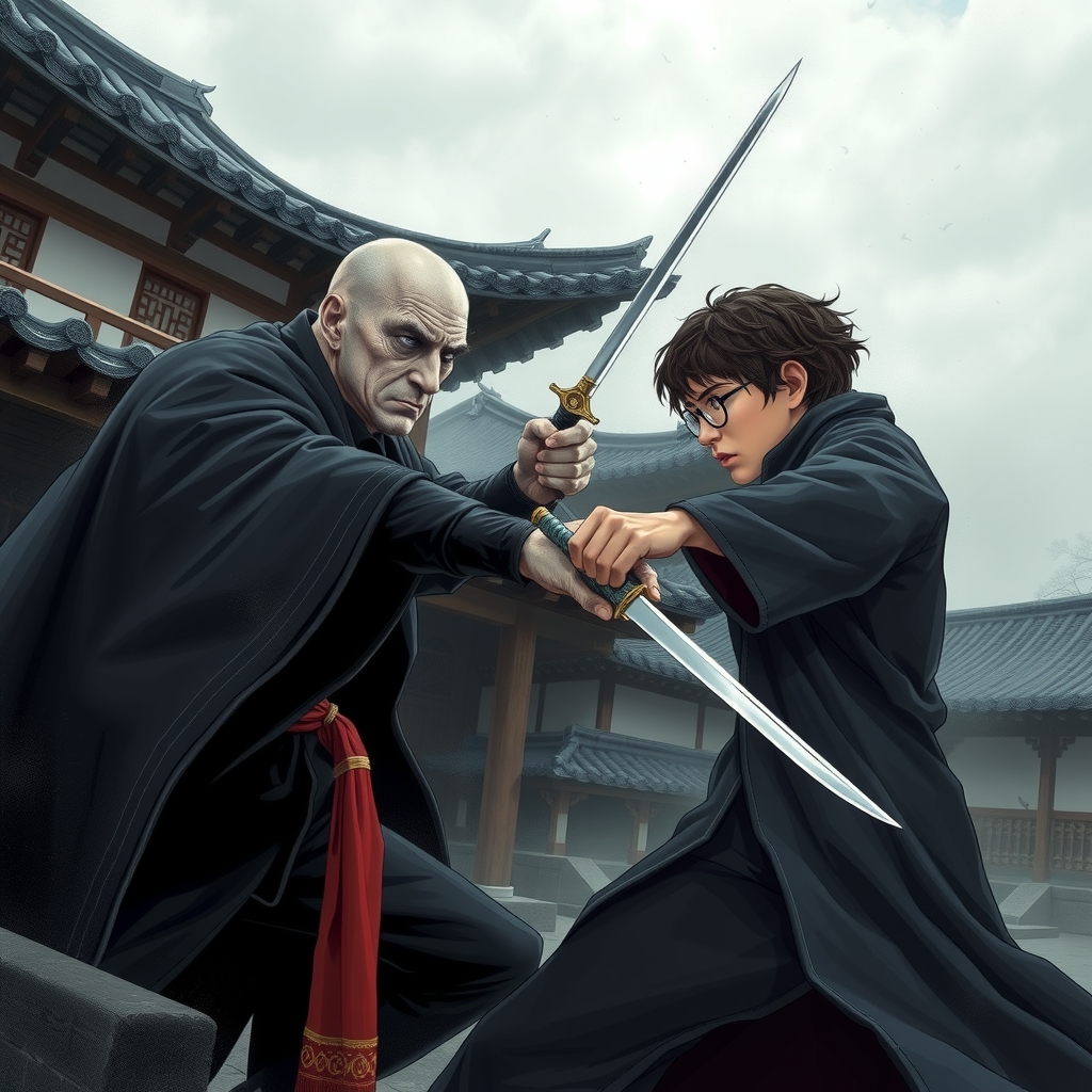 korean hanok style magic school voldemort harry potter fight by मुफ्त एआई छवि जनरेटर - बिना लॉगिन के✨ | AIGAZOU