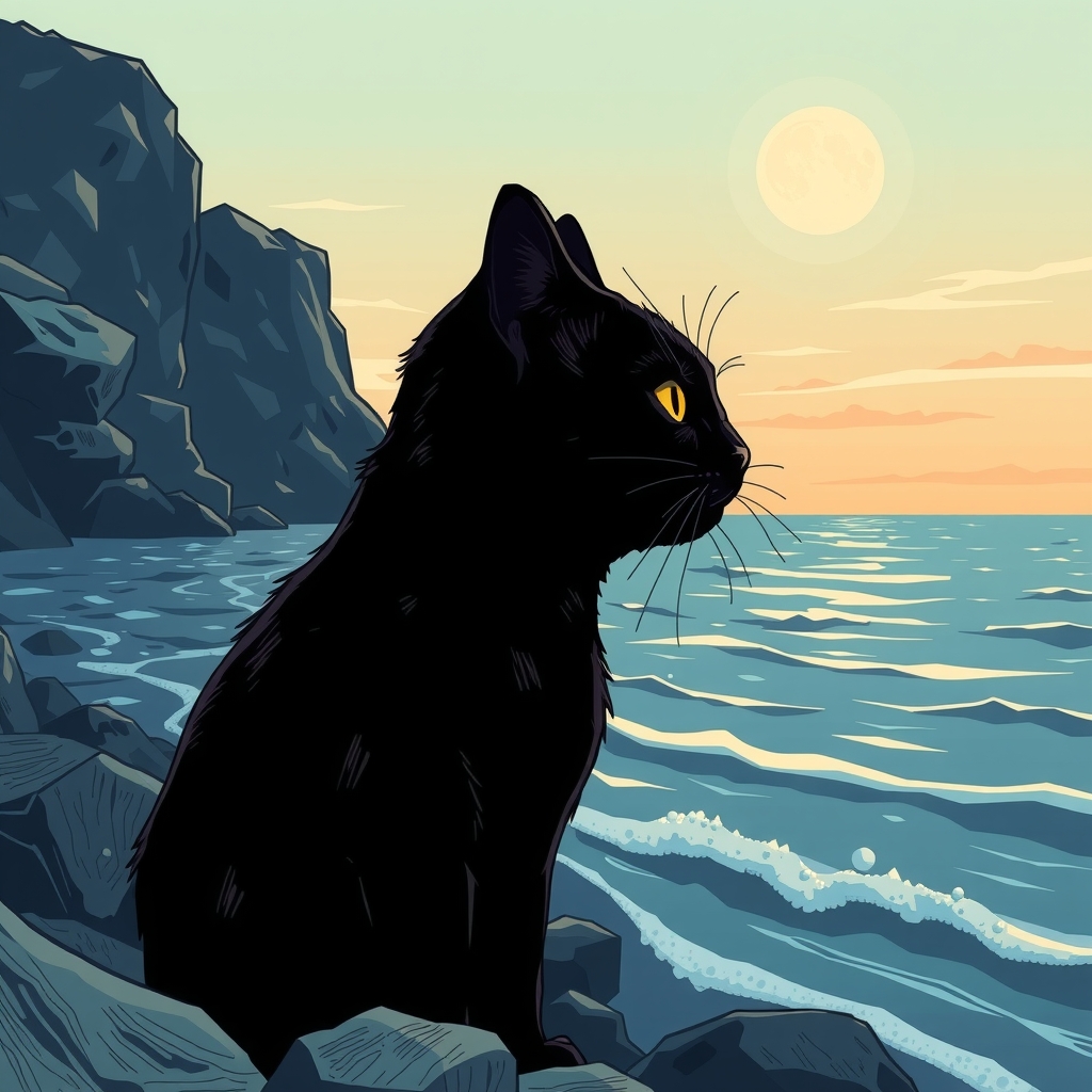 a black cat facing the sea by मुफ्त एआई छवि जनरेटर - बिना लॉगिन के✨ | AIGAZOU