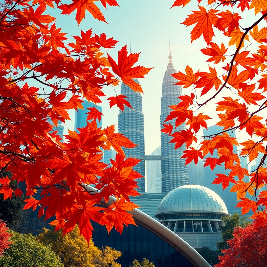 high definition image of beautiful scenery of malaysia s famous landmark klcc surrounded by stunning canadian style red and yellow by मुफ्त एआई छवि जनरेटर - बिना लॉगिन के✨ | AIGAZOU