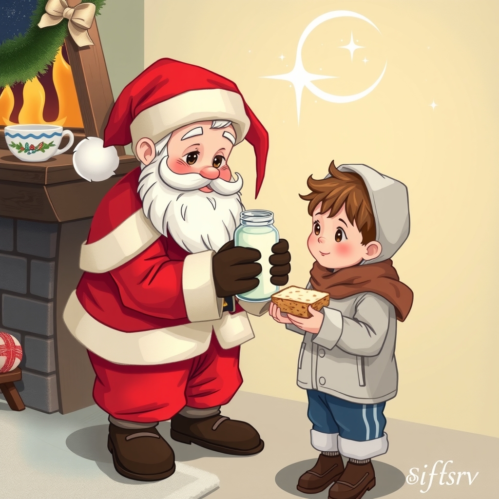 small santa gives warm milk and bread to boy by मुफ्त एआई छवि जनरेटर - बिना लॉगिन के✨ | AIGAZOU