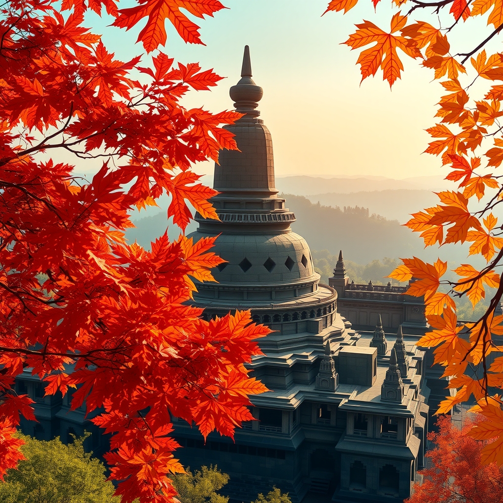 high definition image of beautiful scenery of indonesias famous landmark borobudur surrounded by stunning canadian style red and yellow maple by मुफ्त एआई छवि जनरेटर - बिना लॉगिन के✨ | AIGAZOU