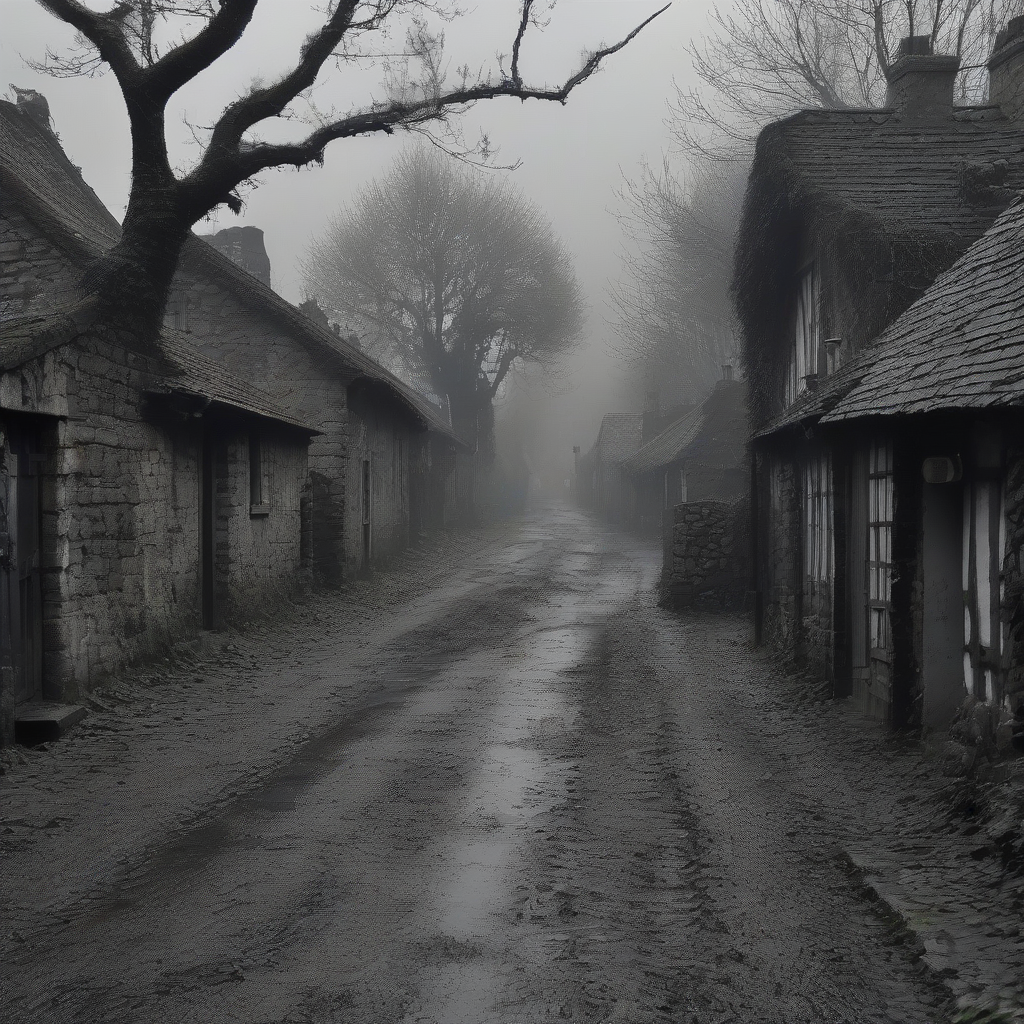 a dark and damp village surrounded by trees by मुफ्त एआई छवि जनरेटर - बिना लॉगिन के✨ | AIGAZOU