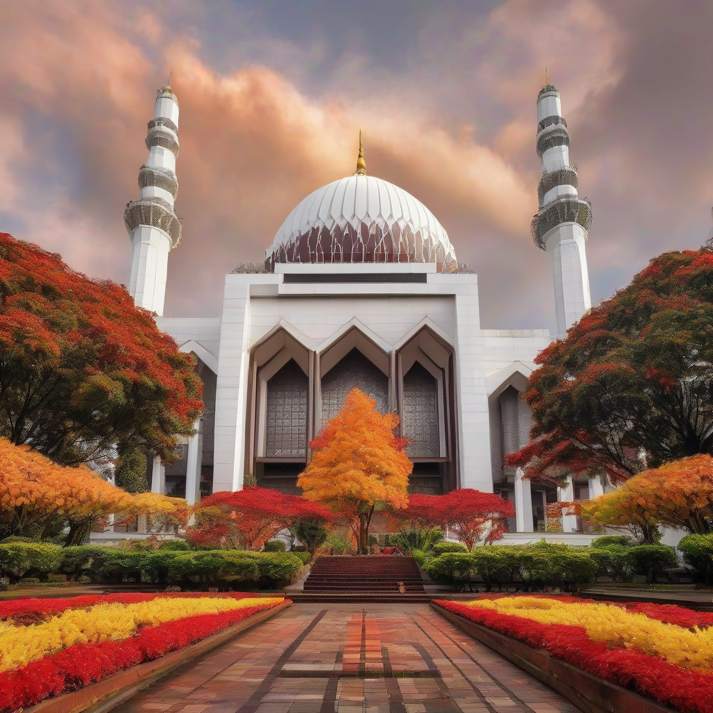 autumn scenery national mosque indonesia flag leaves by मुफ्त एआई छवि जनरेटर - बिना लॉगिन के✨ | AIGAZOU