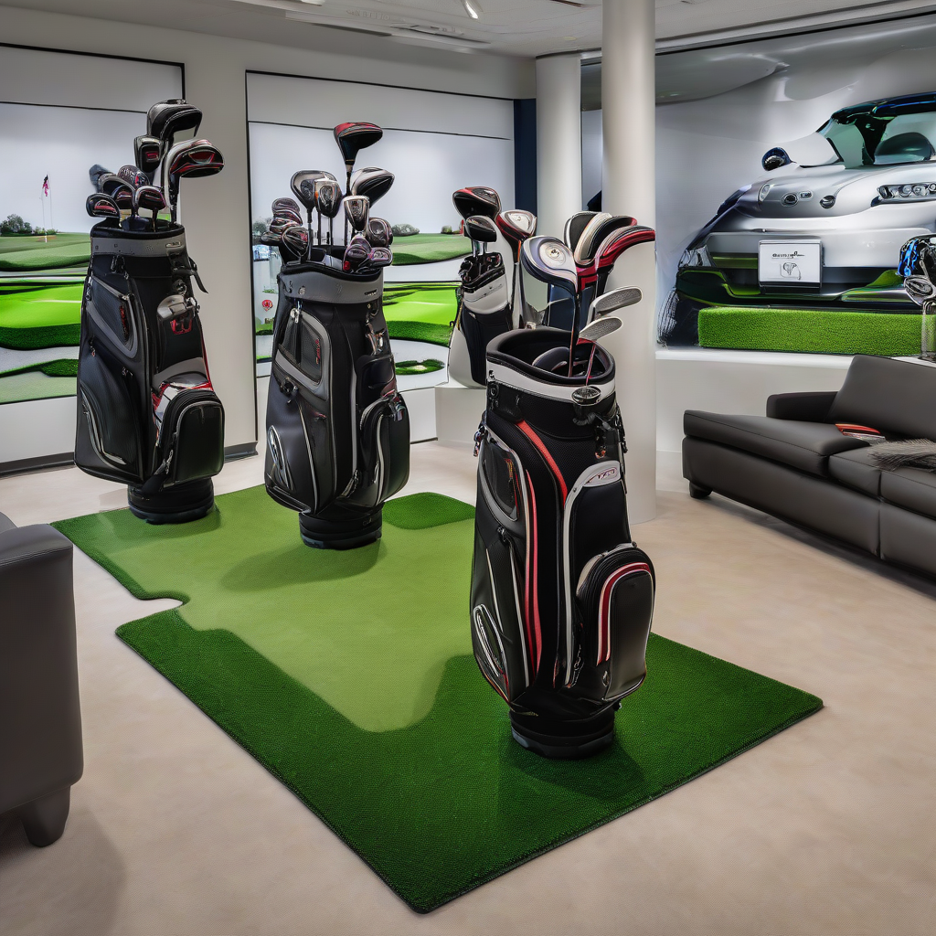 mini dealer showroom displays three golf bags on artificial turf mats by 免费AI图像生成工具 | AIGAZOU