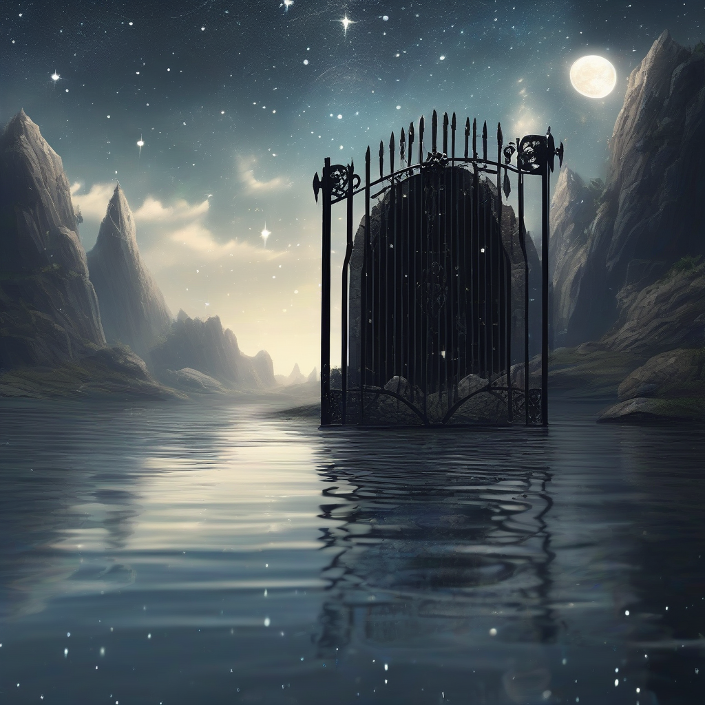 fantasy background starry sky endless water surface closed black stone gate by मुफ्त एआई छवि जनरेटर - बिना लॉगिन के✨ | AIGAZOU