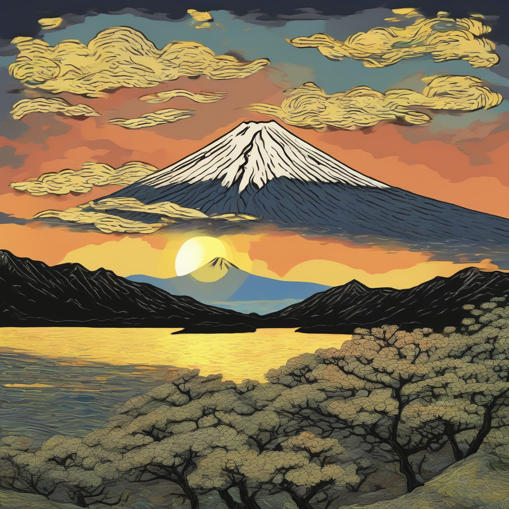 van gogh style sunrise mt fuji by मुफ्त एआई छवि जनरेटर - बिना लॉगिन के✨ | AIGAZOU