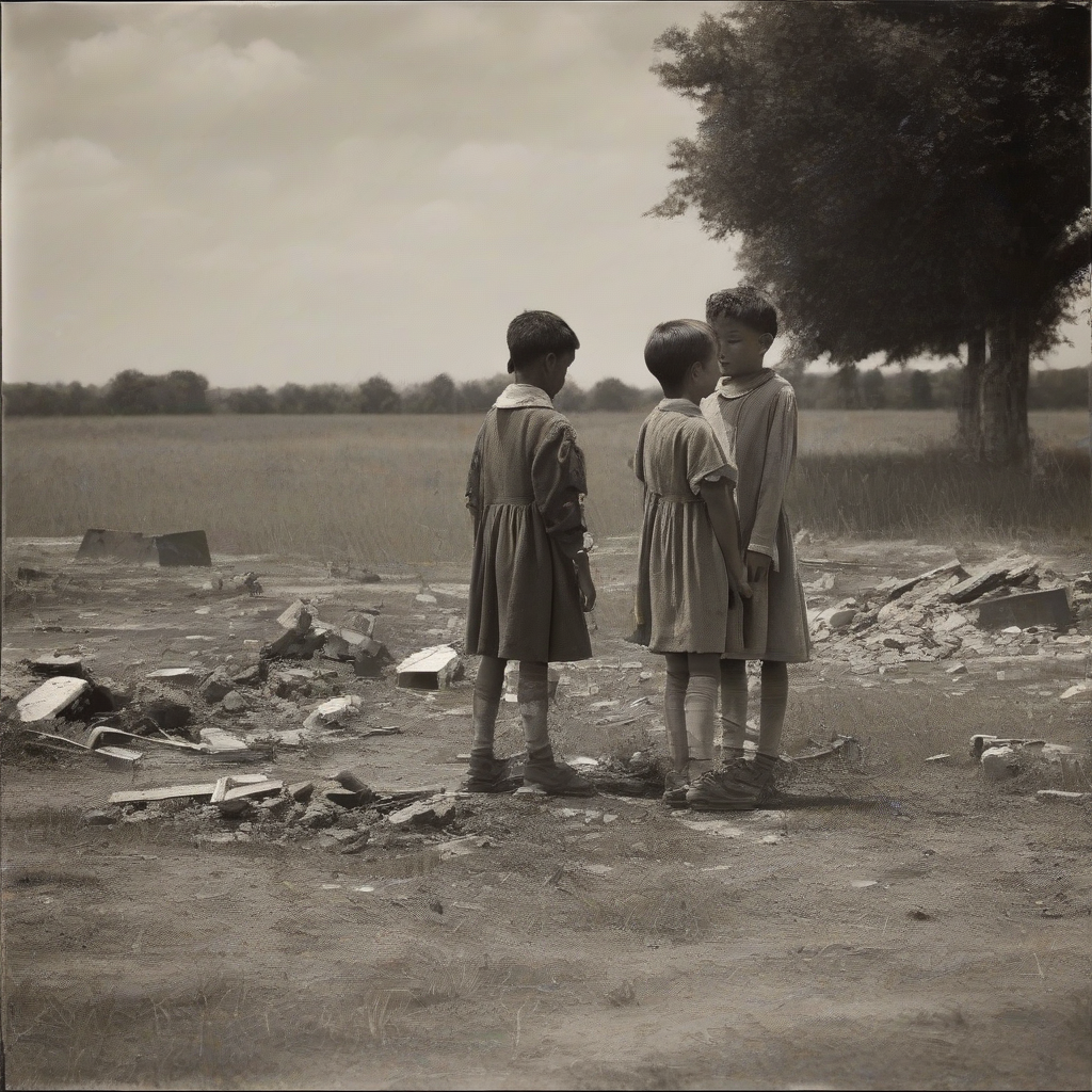 a child standing in the ruins of a battlefield by Générateur d'images par IA gratuit - Aucune connexion nécessaire✨ | AIGAZOU